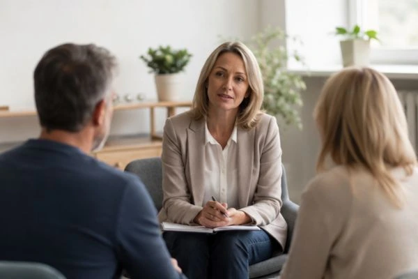 Couple discussing financial arrangement , pensions in divorce Hampshire